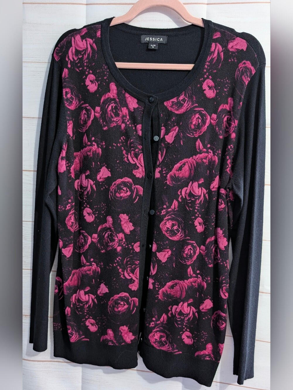 Nwot Jessica Black Cardigan with Fuchsia Rose Print Size XL